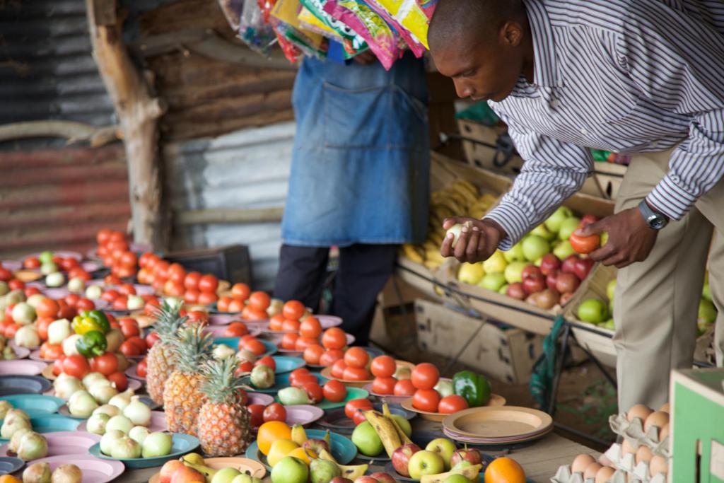 Man bending down to select from a variety of fruits on a table. A consequence of the GMO debate has been the thwarting of efforts to develop local genetically modified crops in developing nations.